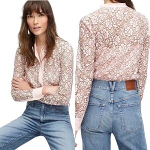 J. Crew J8168 Pink Black Long Sleeve Lace Button Up Top 0